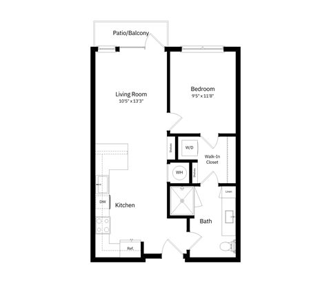 Floor plan for 1 bed, 1 bath, 658 sqft